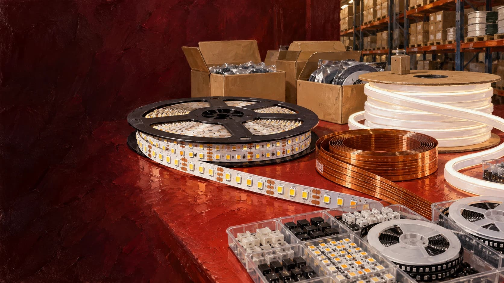 Oil-painting illustration of LED reels, flexible circuits and silicone materials