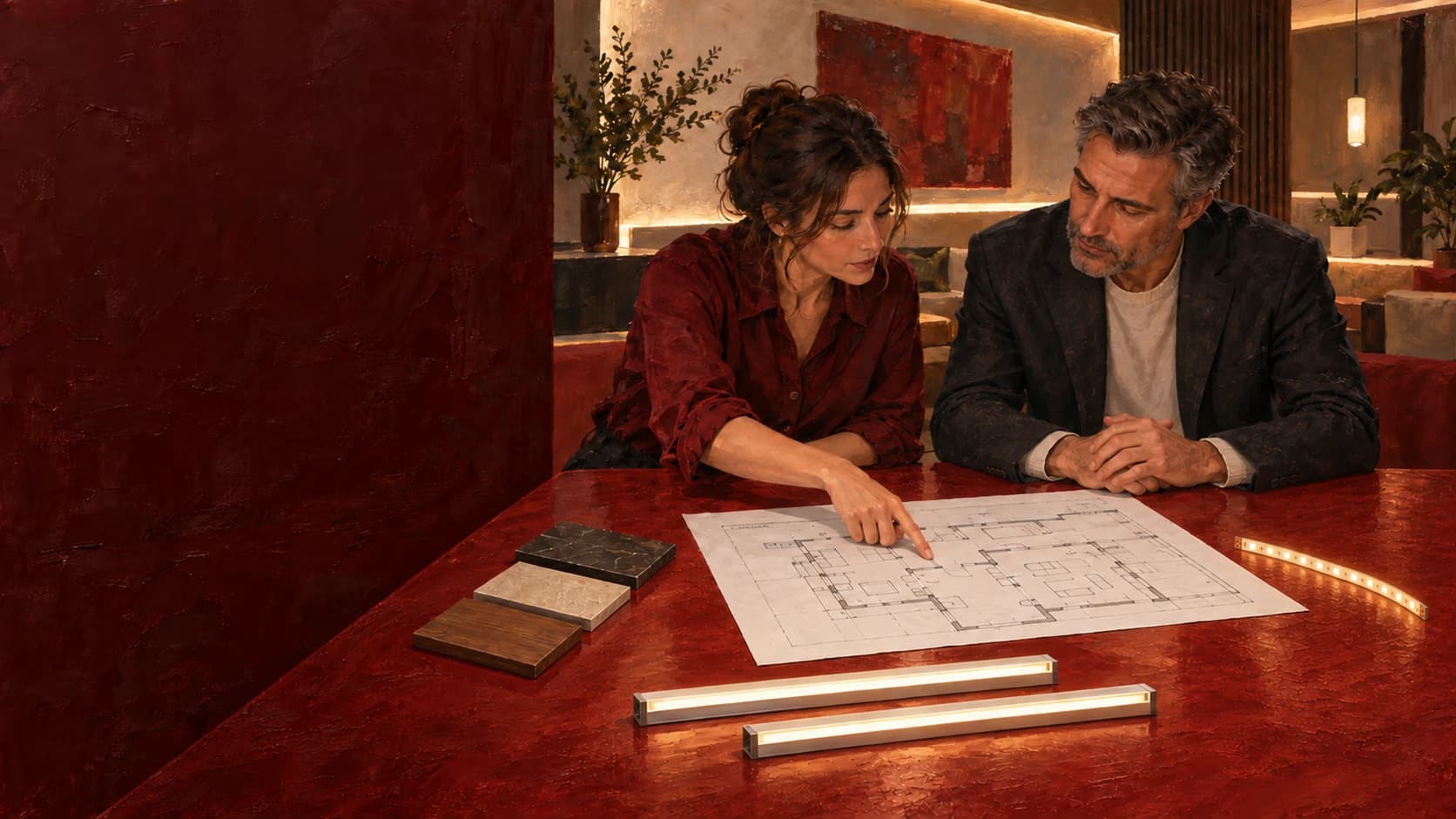 Oil-painting illustration of a designer and client reviewing a lighting plan and samples